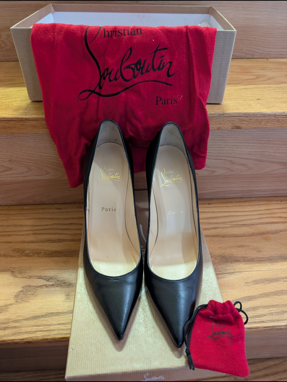 Christian Louboutin Black Pointed Leather Pumps with Signature Red Dust Bag